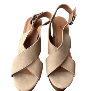 Indigo Rd. Beige Faux‎ Suede Criss Cross Ankle Strap Wedge Heel Sandals